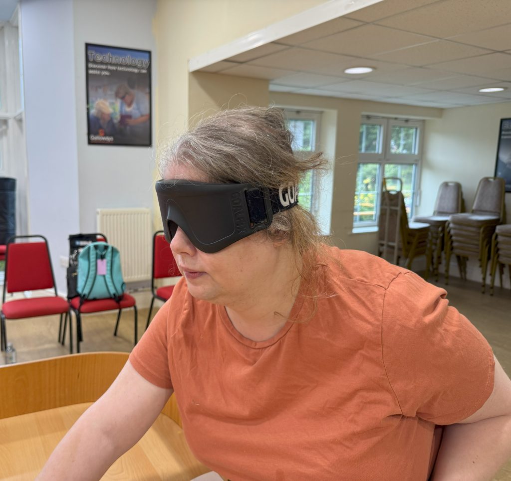 Close up shot of Kara who is wearing total blackout eye shades